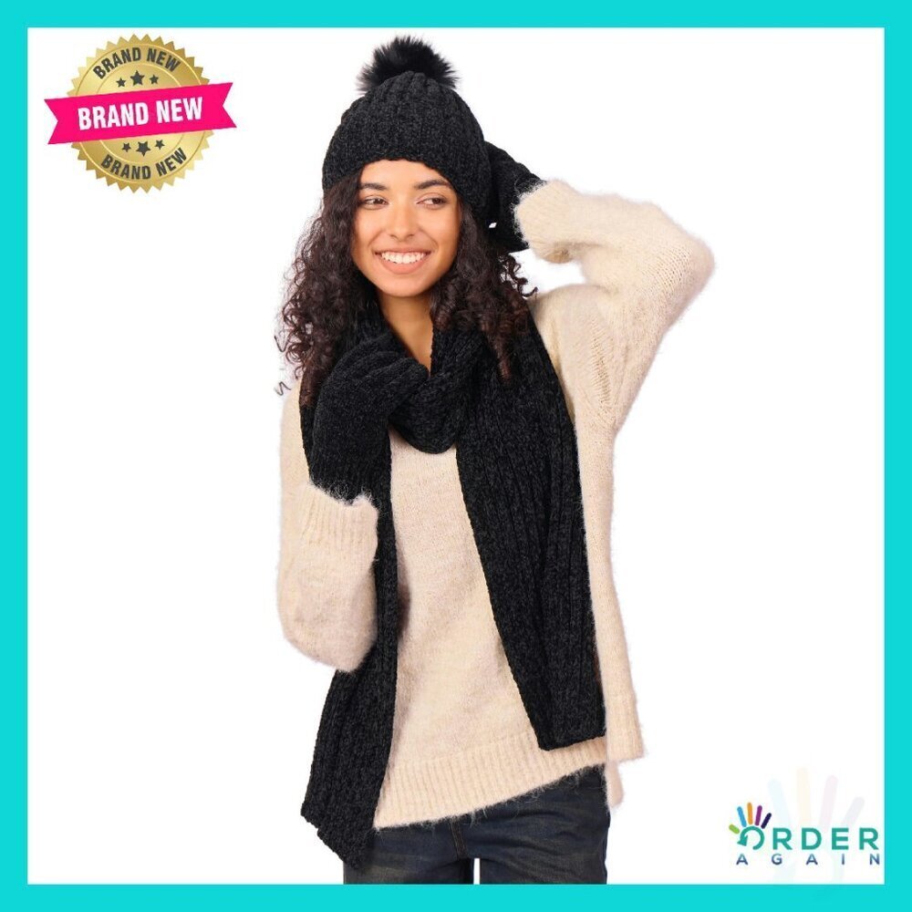 Chenille Hat Gloves Scarf Set Winter Knit Touch Screen Gloves Warm Beanie